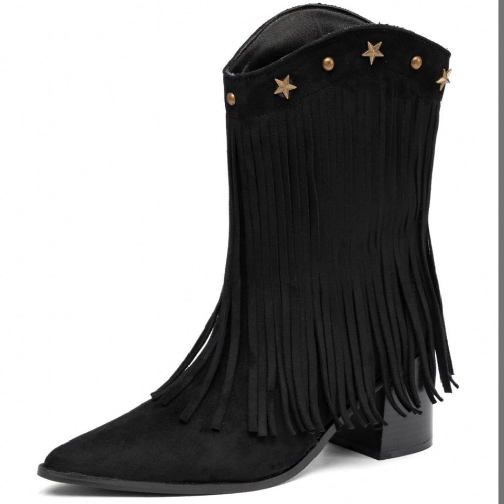 Black Faux Suede Fringe Western Ankle Boots Star Studs Pointed Toe Block Heel 9